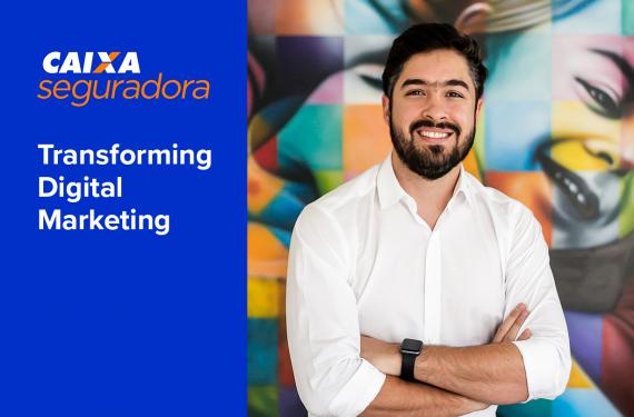 Caxia Seguradora logo and Rodrigo Fraga, Manager Digital Performance, Analysis and Media Intelligence 